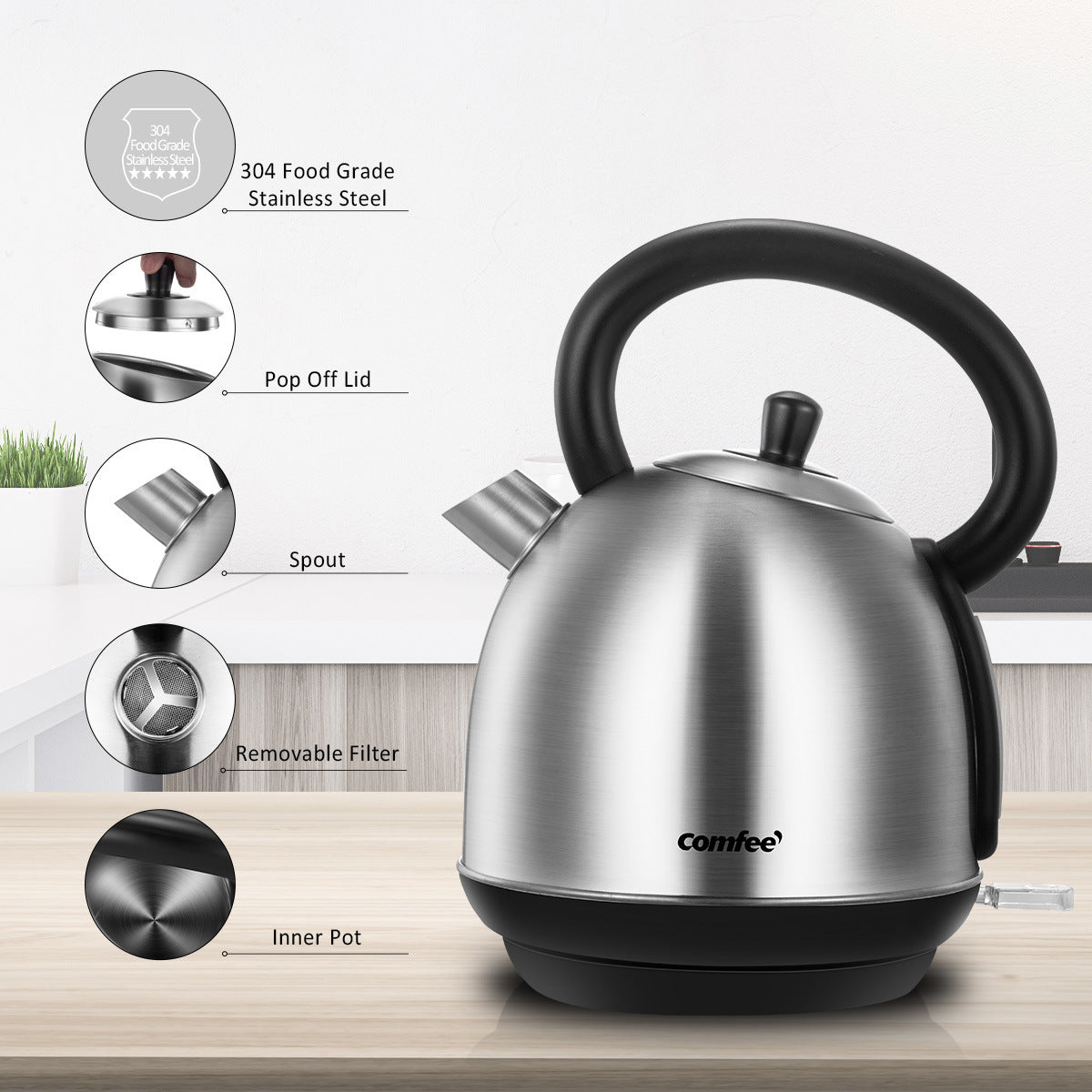 COMFEE' 1.8L Electric Kettle 1500W Stainless Steel