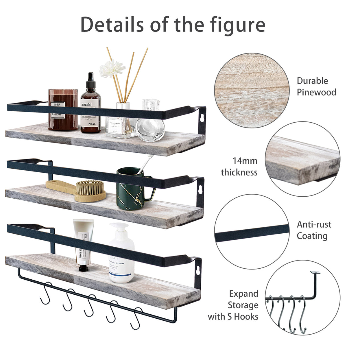 Floating Shelves with Towel Bar, Wall Mounted Storage Shelves Organizer for Bathroom, Kitchen, Bedroom, Living Room &amp; Hallway, White wood  YJ