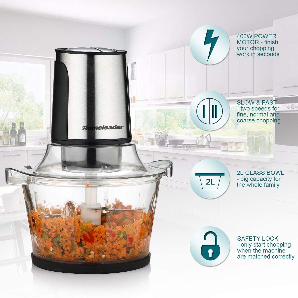 Homeleader Electric Food Chopper, 8-Cup Food Processor, 2L BPA-Free Glass Bowl Blender Grinder, Fast &amp; Slow 2 Speeds