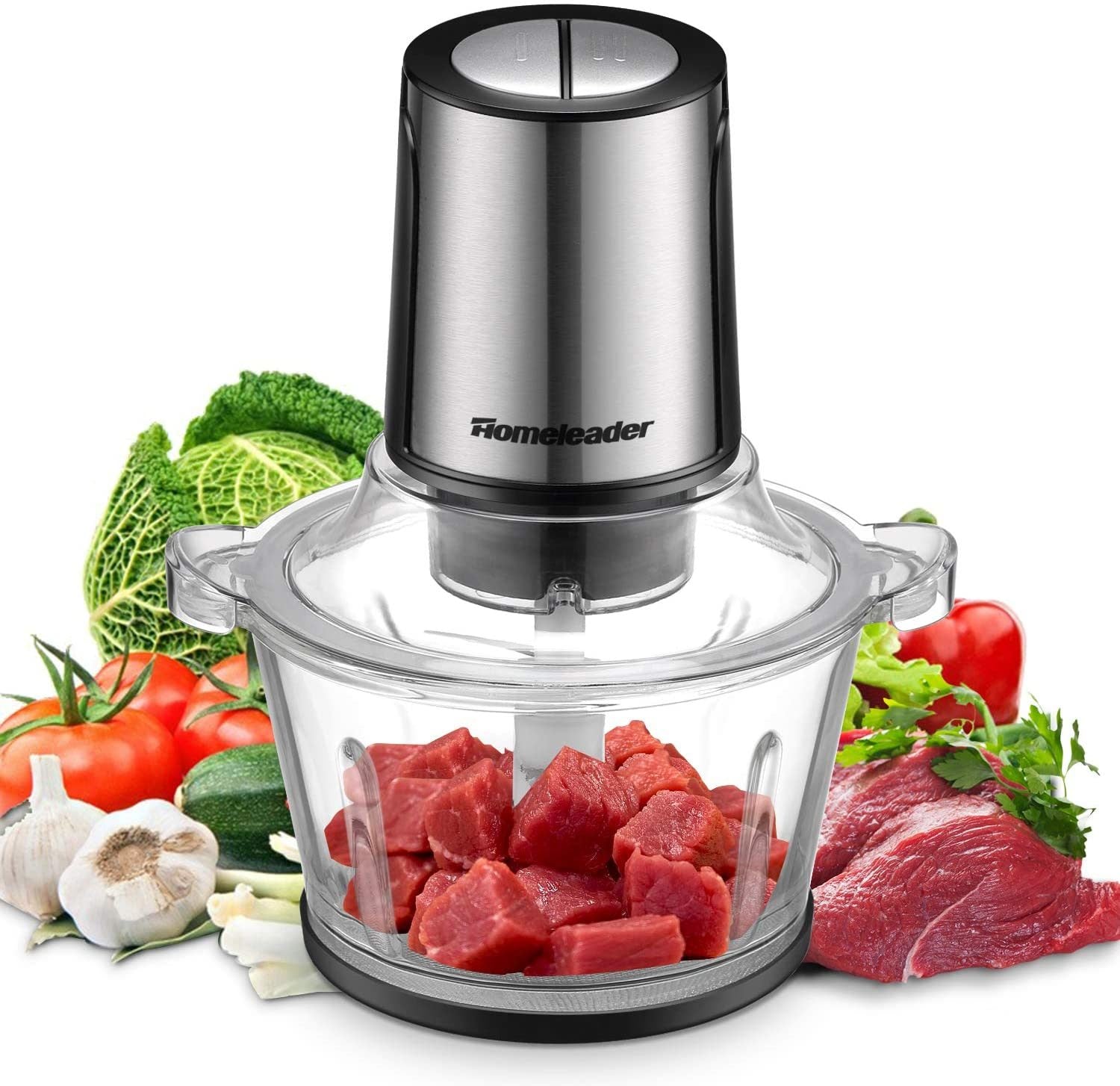 Homeleader Electric Food Chopper, 8-Cup Food Processor, 2L BPA-Free Glass Bowl Blender Grinder, Fast & Slow 2 Speeds