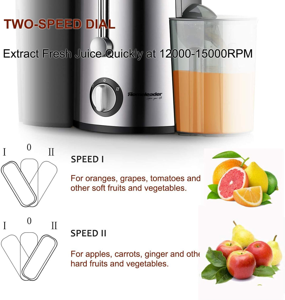 Juicer Juice Extractor, Homeleader Stainless Steel Centrifugal Juicer with 3'' Wide Mouth, for Fruits and Vegetables, BPA-FREE