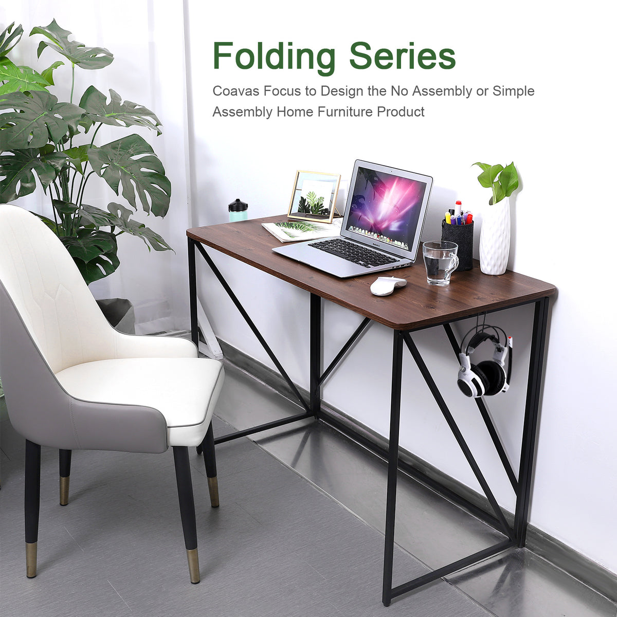 Writing Home Computer Office Desk : 39" Sturdy Steel Construction Super High Bearing Capacity Modern Simple Folding Laptop PC Study Table for Notebook Desk Brown Desktop Black Frame