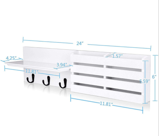 Mail Holder and Coat Key Rack Wall Shelf with 3 Hooks, 24" x 6", White RT