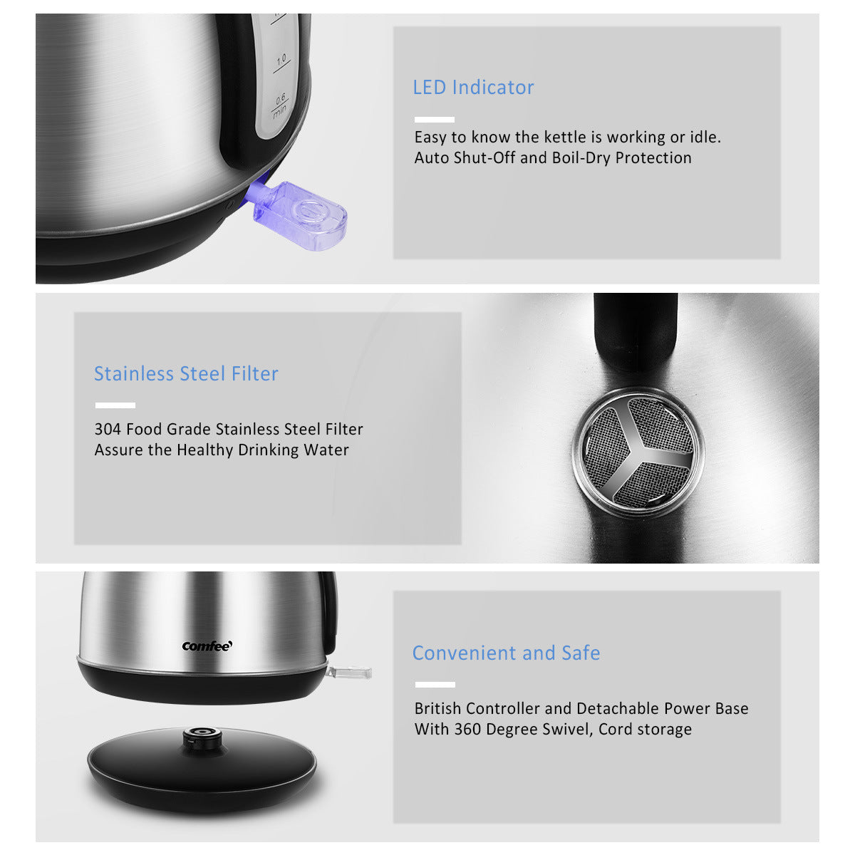 COMFEE' 1.8L Electric Kettle 1500W Stainless Steel