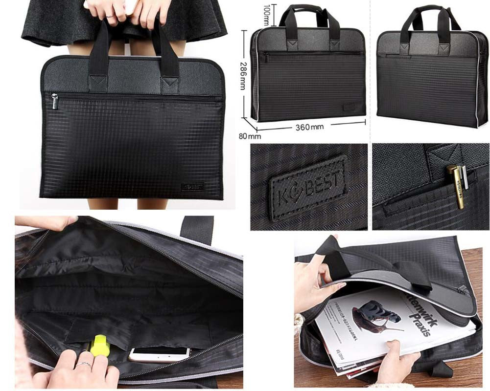 Portable Document Bag Zipper Bag Multi-layered Data Bag Briefcase, Black-1
