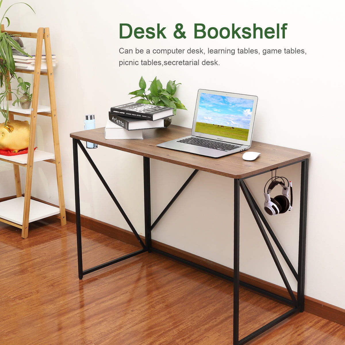Writing Home Computer Office Desk : 39" Sturdy Steel Construction Super High Bearing Capacity Modern Simple Folding Laptop PC Study Table for Notebook Desk Brown Desktop Black Frame