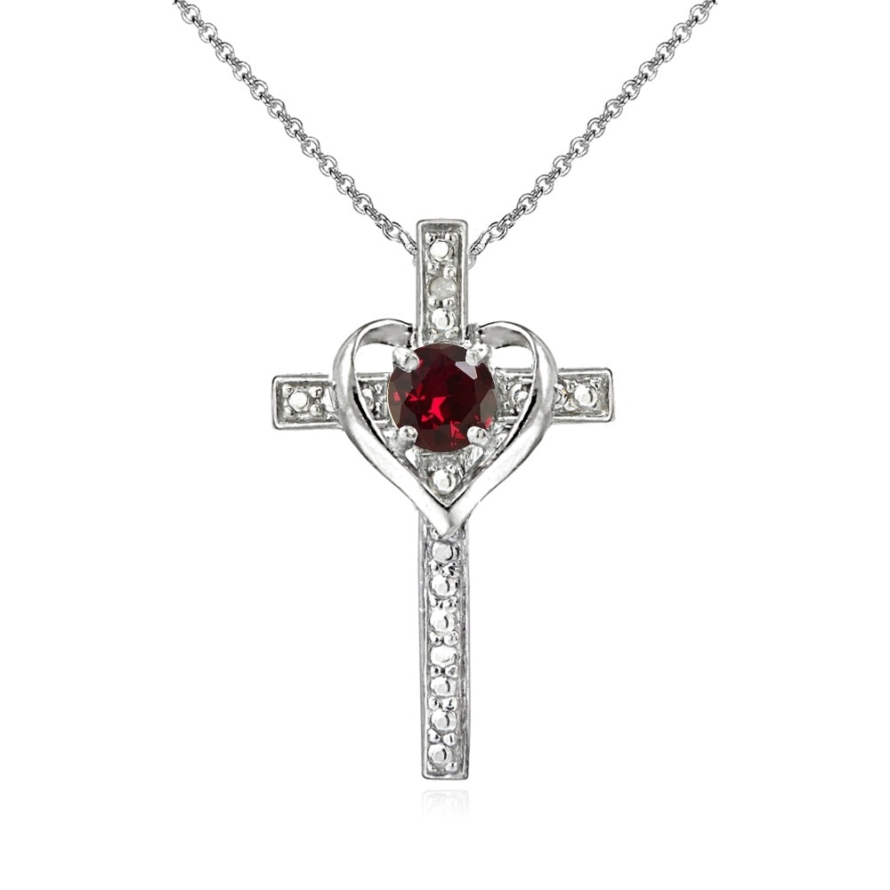 Sterling Silver White Topaz Cross Heart Pendant Necklace