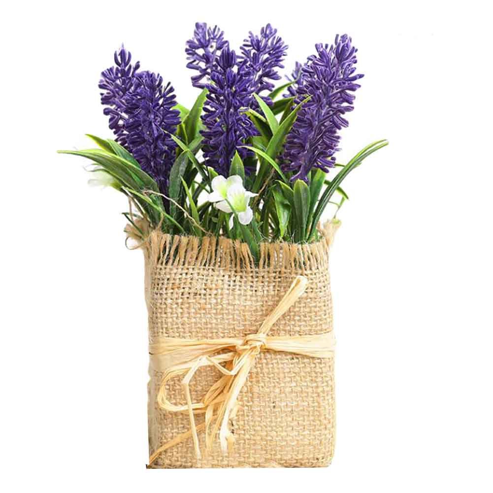 Artificial Flower Plastic Mini Plants Fake Lavender in Linen Pot for Home Decor